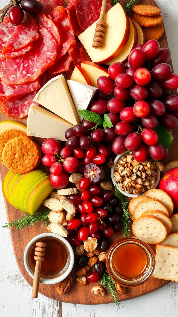 A colorful Christmas charcuterie board with meats, cheeses, fruits, and nuts, garnished with herbs.
